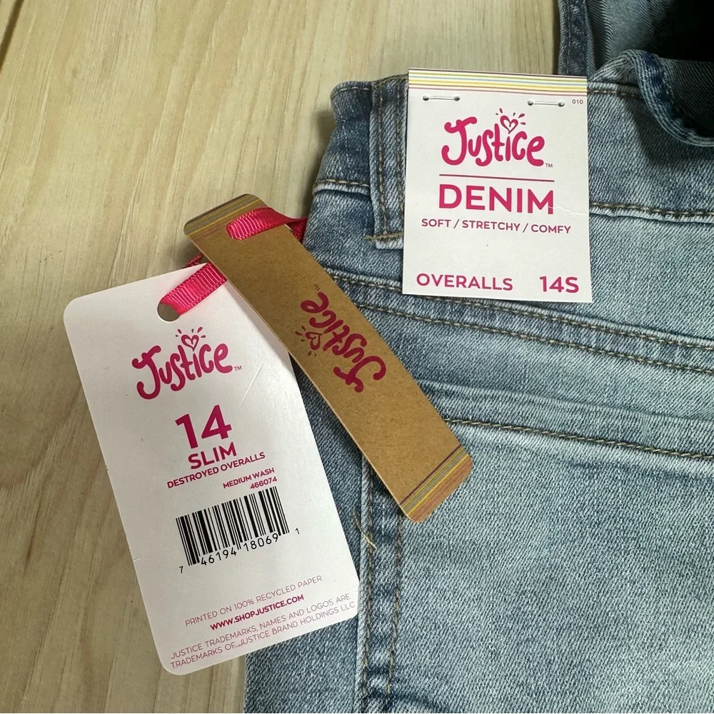NEW GIRLS JUSTICE distressed Denim Jean Overalls‎ SIZE 14 SLIM